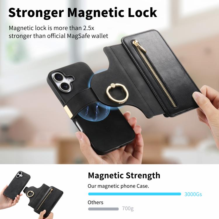 For iPhone 16 Ring Zipper Wallet RFID Blocking MagSafe Leather Phone Case