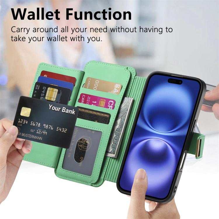 For iPhone 16 Ring Zipper Wallet RFID Blocking MagSafe Leather Phone Case