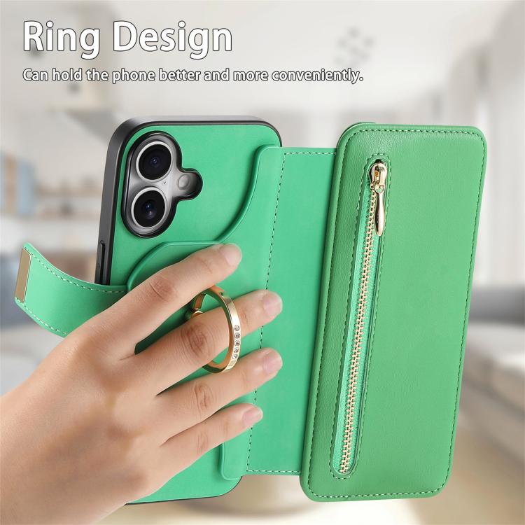 For iPhone 16 Ring Zipper Wallet RFID Blocking MagSafe Leather Phone Case