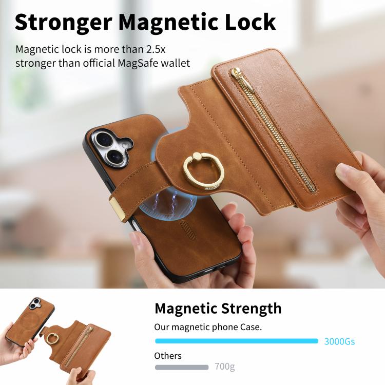 For iPhone 16 Ring Zipper Wallet RFID Blocking MagSafe Leather Phone Case