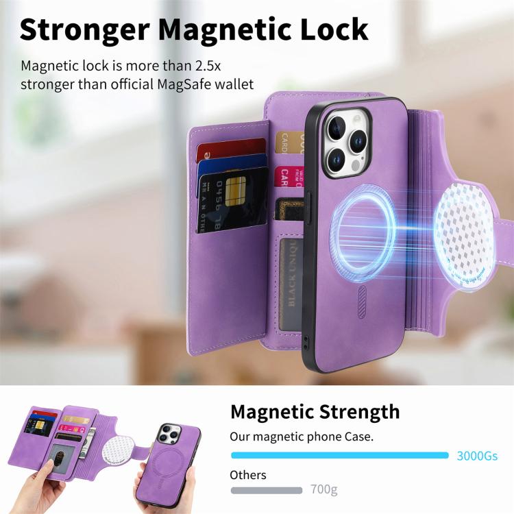 For iPhone 15 Pro Max Ring Zipper Wallet RFID Blocking MagSafe Leather Phone Case