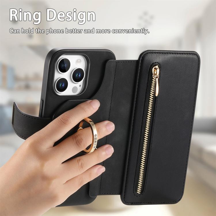 For iPhone 15 Pro Ring Zipper Wallet RFID Blocking MagSafe Leather Phone Case