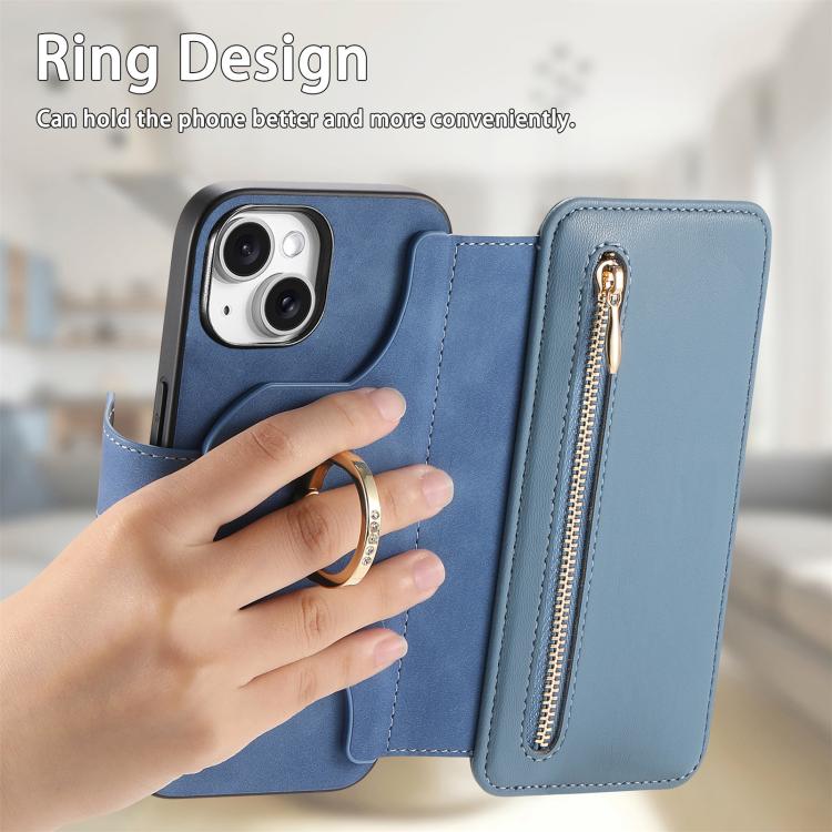For iPhone 15 Plus Ring Zipper Wallet RFID Blocking MagSafe Leather Phone Case