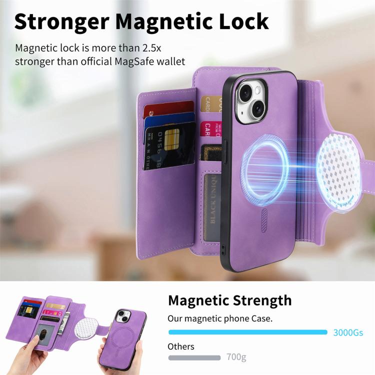 For iPhone 15 Plus Ring Zipper Wallet RFID Blocking MagSafe Leather Phone Case