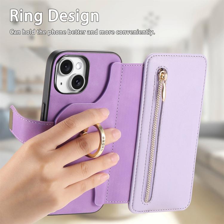 For iPhone 15 Plus Ring Zipper Wallet RFID Blocking MagSafe Leather Phone Case
