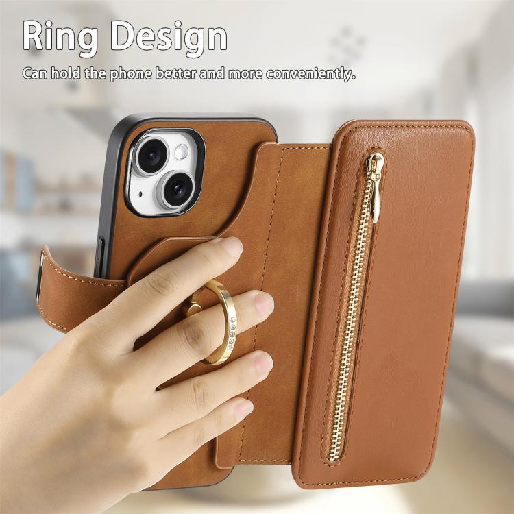 For iPhone 15 Ring Zipper Wallet RFID Blocking MagSafe Leather Phone Case