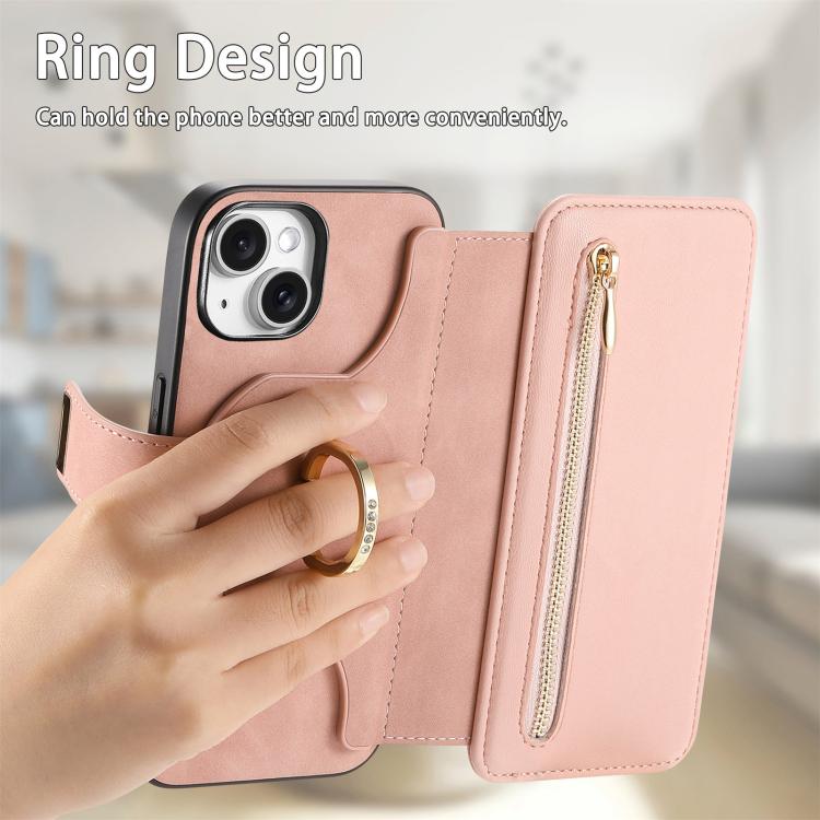 For iPhone 14 Plus Ring Zipper Wallet RFID Blocking MagSafe Leather Phone Case