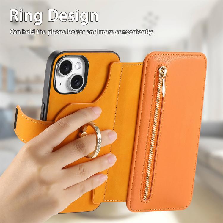 For iPhone 14 Plus Ring Zipper Wallet RFID Blocking MagSafe Leather Phone Case