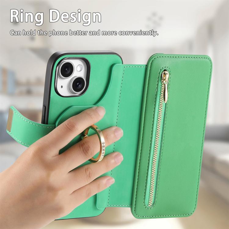 For iPhone 14 Plus Ring Zipper Wallet RFID Blocking MagSafe Leather Phone Case