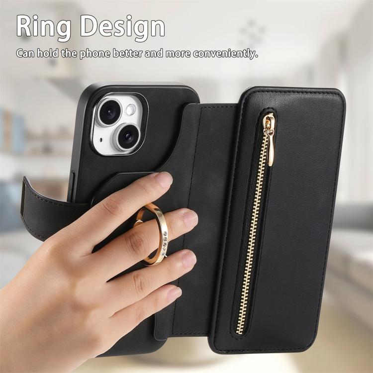 For iPhone 14 Ring Zipper Wallet RFID Blocking MagSafe Leather Phone Case