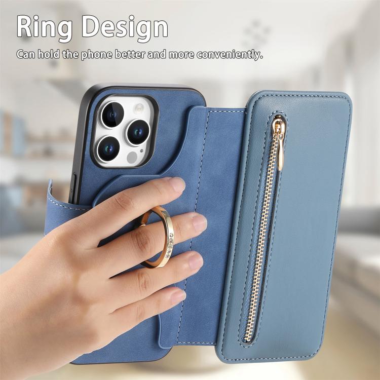 For iPhone 14 Pro Max Ring Zipper Wallet RFID Blocking MagSafe Leather Phone Case