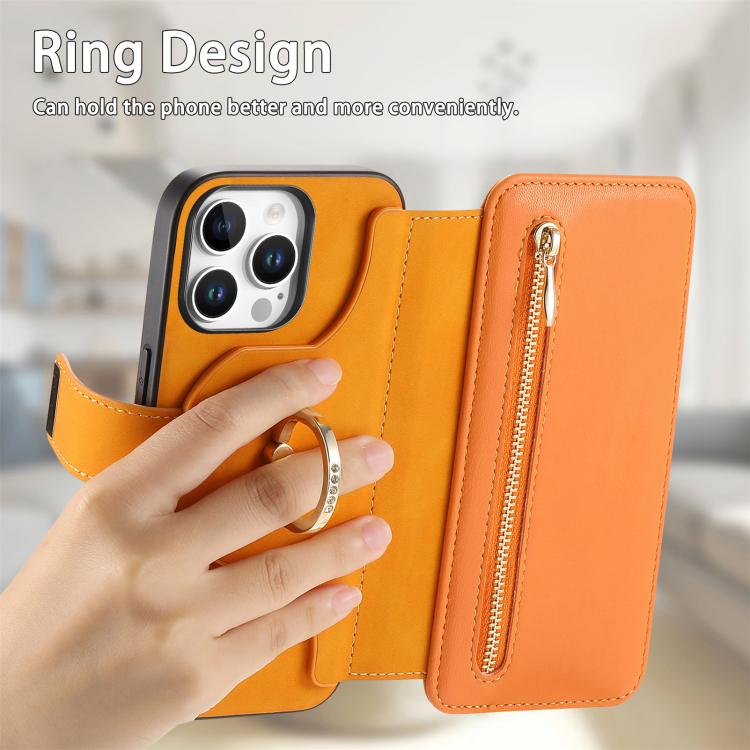 For iPhone 14 Pro Max Ring Zipper Wallet RFID Blocking MagSafe Leather Phone Case