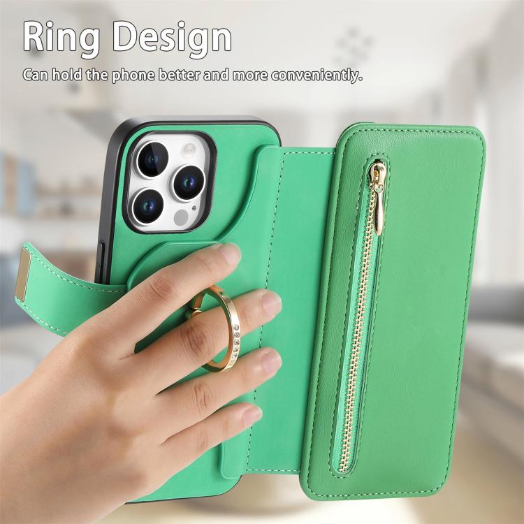 For iPhone 14 Pro Max Ring Zipper Wallet RFID Blocking MagSafe Leather Phone Case