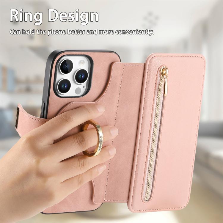 For iPhone 13 Pro Max Ring Zipper Wallet RFID Blocking MagSafe Leather Phone Case