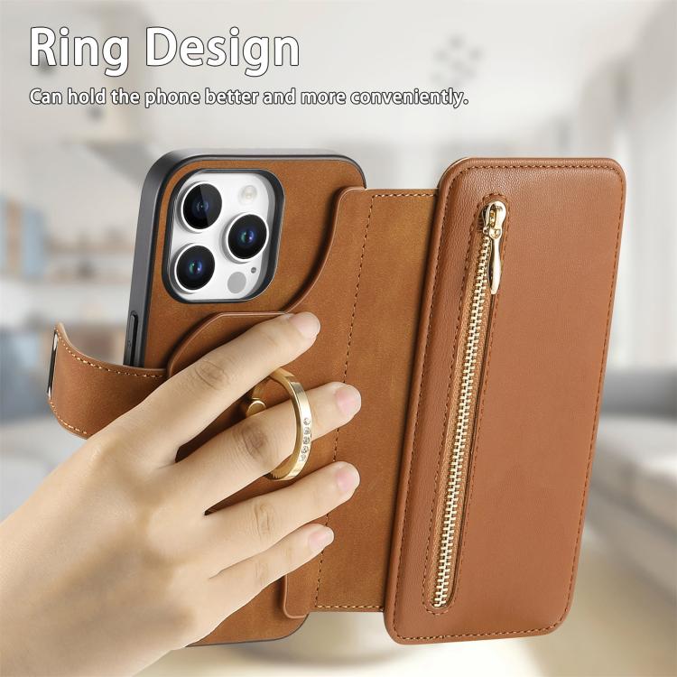 For iPhone 13 Pro Ring Zipper Wallet RFID Blocking MagSafe Leather Phone Case