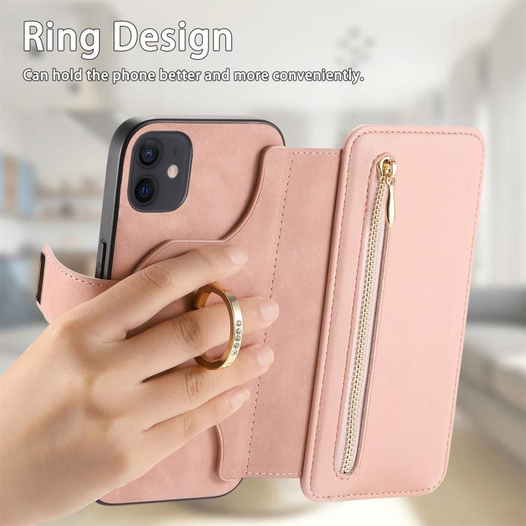 For iPhone 12 / 12 Pro Ring Zipper Wallet RFID Blocking MagSafe Leather Phone Case
