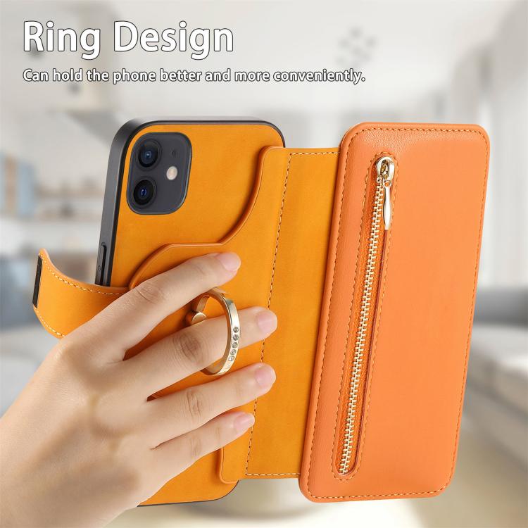 For iPhone 12 / 12 Pro Ring Zipper Wallet RFID Blocking MagSafe Leather Phone Case