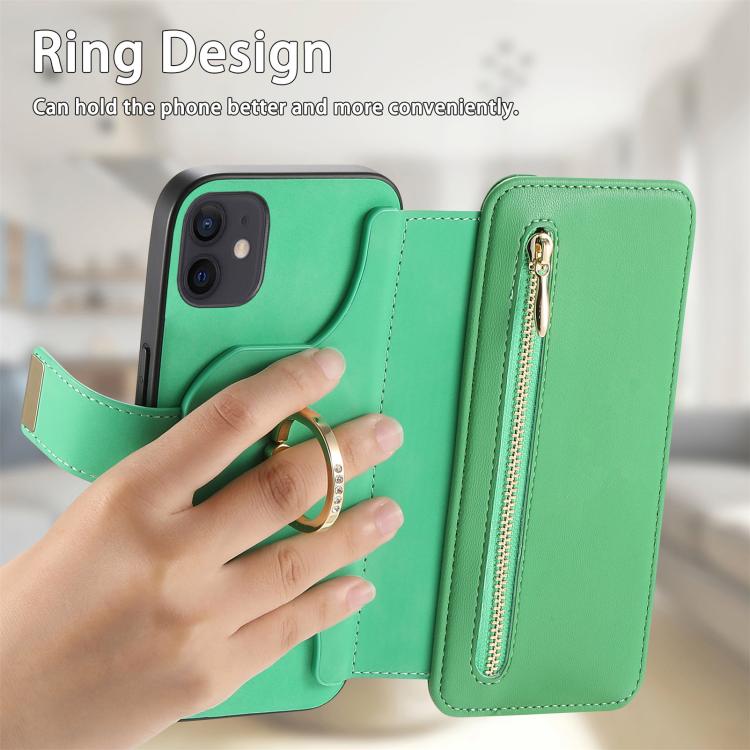 For iPhone 12 / 12 Pro Ring Zipper Wallet RFID Blocking MagSafe Leather Phone Case