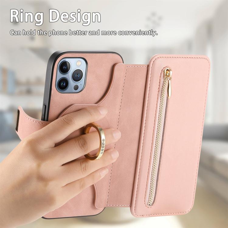 For iPhone 12 Pro Max Ring Zipper Wallet RFID Blocking MagSafe Leather Phone Case
