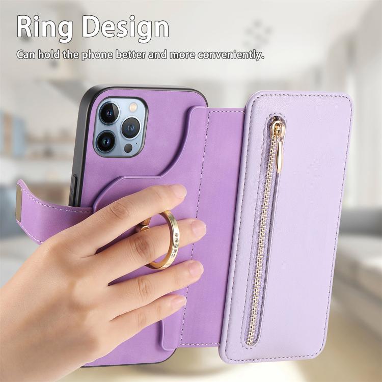 For iPhone 12 Pro Max Ring Zipper Wallet RFID Blocking MagSafe Leather Phone Case