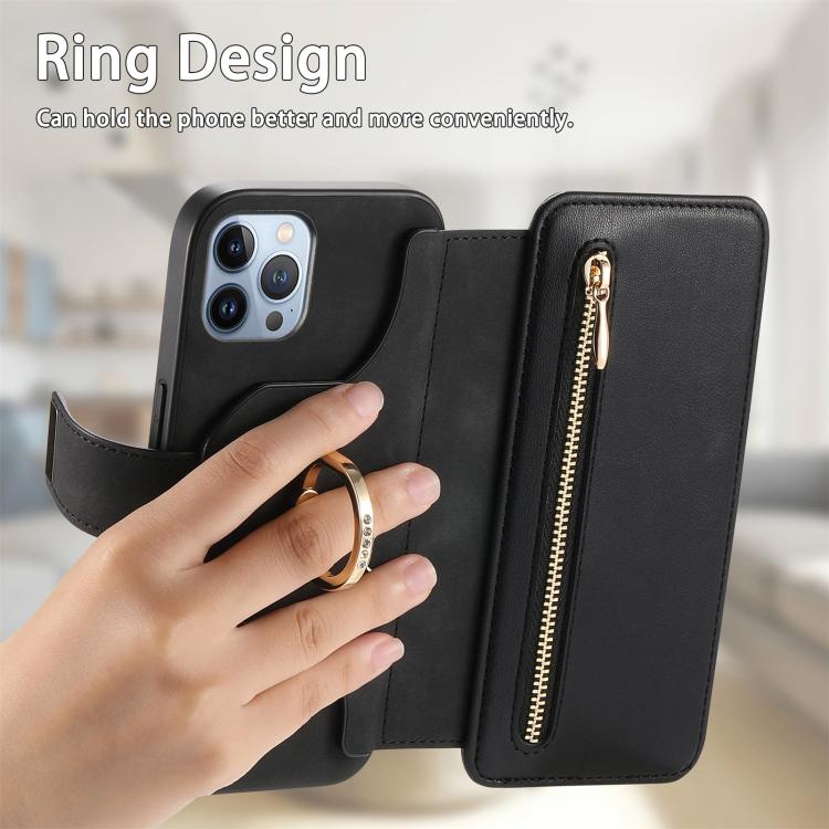 For iPhone 12 Pro Max Ring Zipper Wallet RFID Blocking MagSafe Leather Phone Case