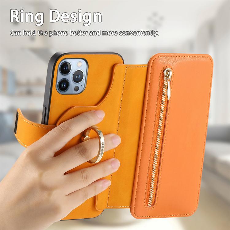 For iPhone 12 Pro Max Ring Zipper Wallet RFID Blocking MagSafe Leather Phone Case