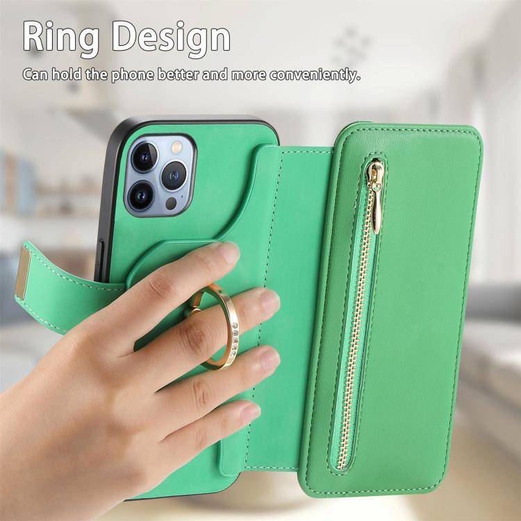 For iPhone 12 Pro Max Ring Zipper Wallet RFID Blocking MagSafe Leather Phone Case