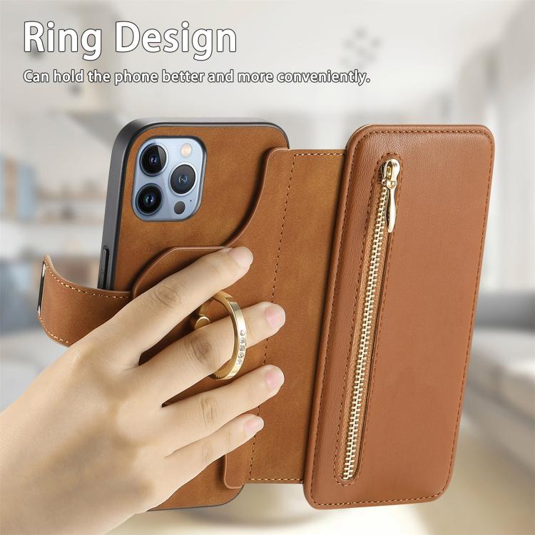 For iPhone 12 Pro Max Ring Zipper Wallet RFID Blocking MagSafe Leather Phone Case