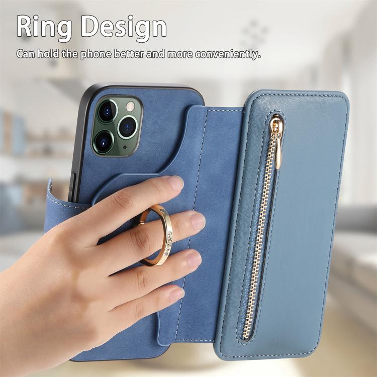 For iPhone 11 Pro Max Ring Zipper Wallet RFID Blocking MagSafe Leather Phone Case