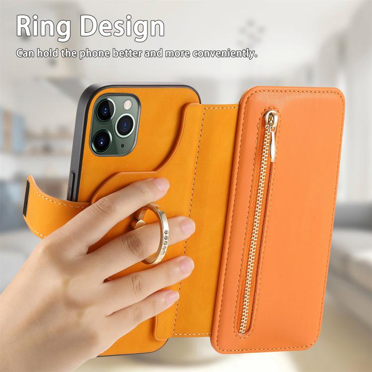 For iPhone 11 Pro Max Ring Zipper Wallet RFID Blocking MagSafe Leather Phone Case