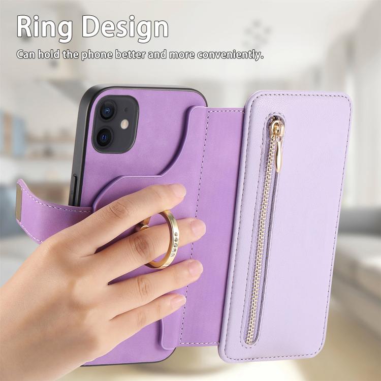 For iPhone 11 Ring Zipper Wallet RFID Blocking MagSafe Leather Phone Case