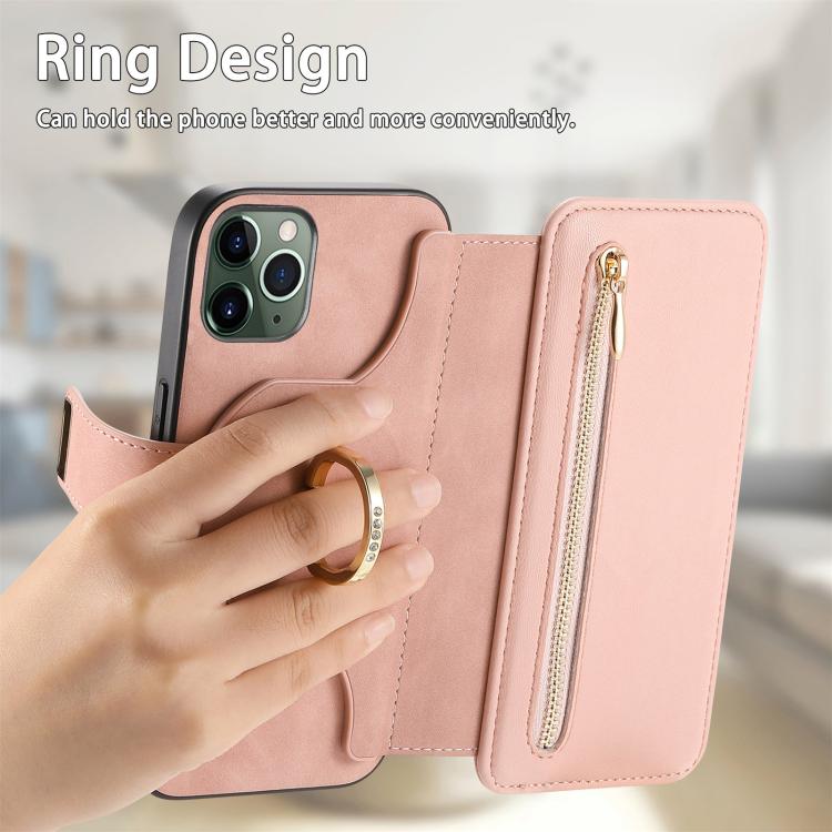 For iPhone 11 Pro Ring Zipper Wallet RFID Blocking MagSafe Leather Phone Case