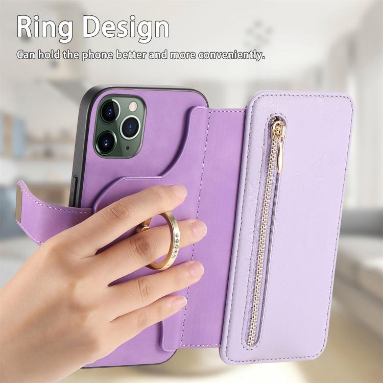 For iPhone 11 Pro Ring Zipper Wallet RFID Blocking MagSafe Leather Phone Case