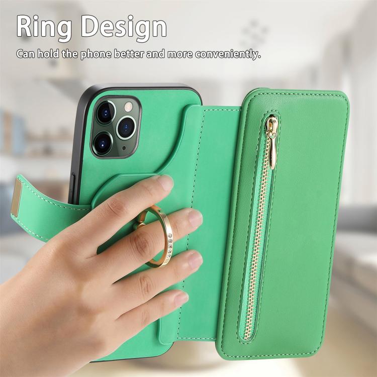 For iPhone 11 Pro Ring Zipper Wallet RFID Blocking MagSafe Leather Phone Case
