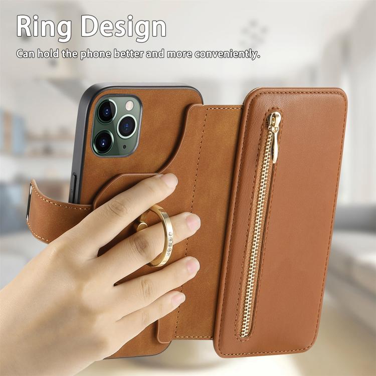 For iPhone 11 Pro Ring Zipper Wallet RFID Blocking MagSafe Leather Phone Case