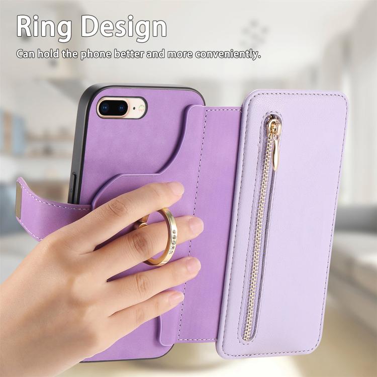 For iPhone 7 Plus / 8 Plus Ring Zipper Wallet RFID Blocking MagSafe Leather Phone Case