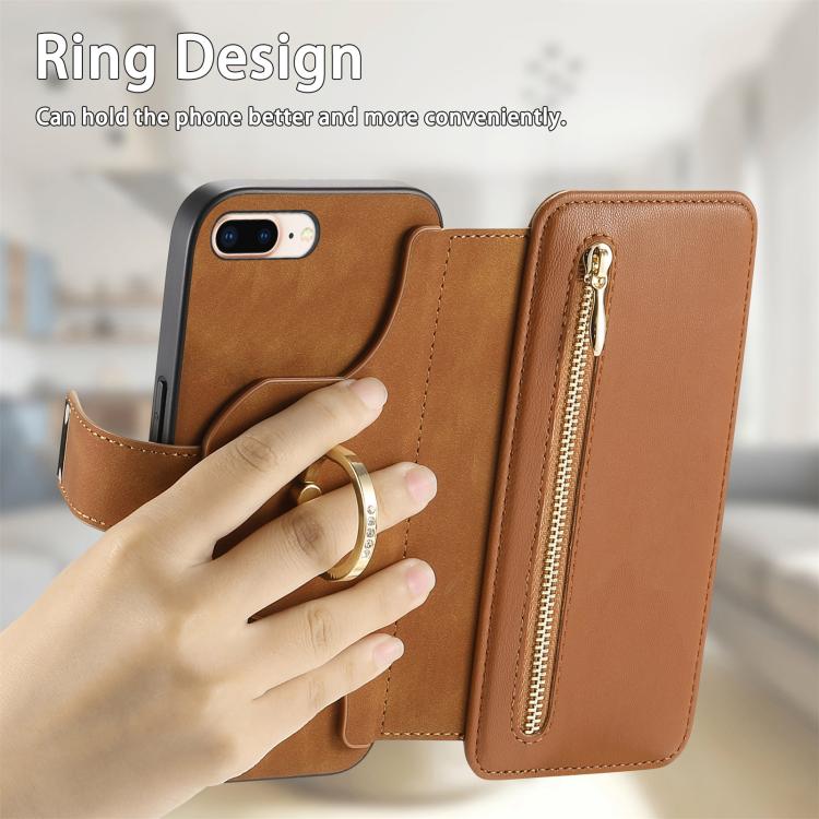 For iPhone 7 Plus / 8 Plus Ring Zipper Wallet RFID Blocking MagSafe Leather Phone Case