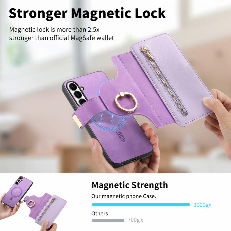 For Galaxy S24 FE 5G Ring Zipper Wallet RFID Blocking MagSafe Leather Phone Case