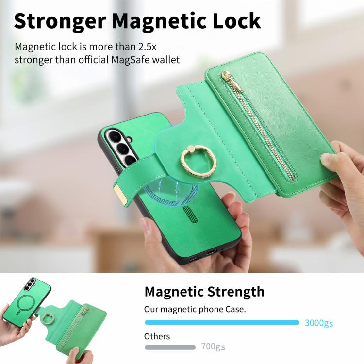 For Galaxy S24 FE 5G Ring Zipper Wallet RFID Blocking MagSafe Leather Phone Case