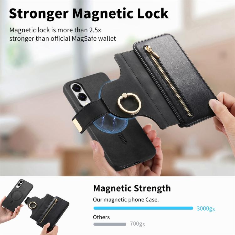 For Galaxy S25 Edge 5G Ring Zipper Wallet RFID Blocking MagSafe Leather Phone Case