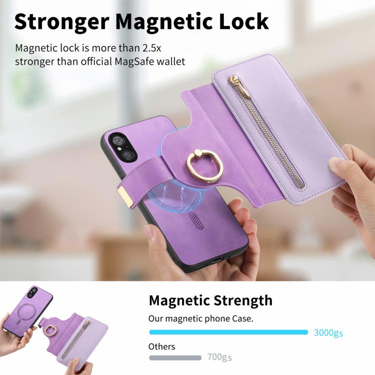 For Sony Xperia 5 V Ring Zipper Wallet RFID Blocking MagSafe Leather Phone Case