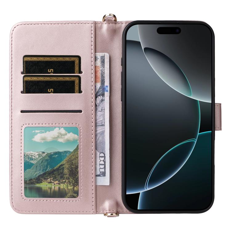 For iPhone 16 Pro Multifunctional 6-Card Slots Leather Phone Case with Wrist Strap