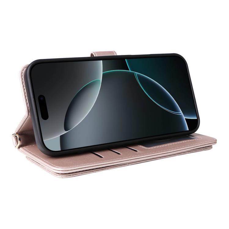 For iPhone 16 Pro Multifunctional 6-Card Slots Leather Phone Case with Wrist Strap