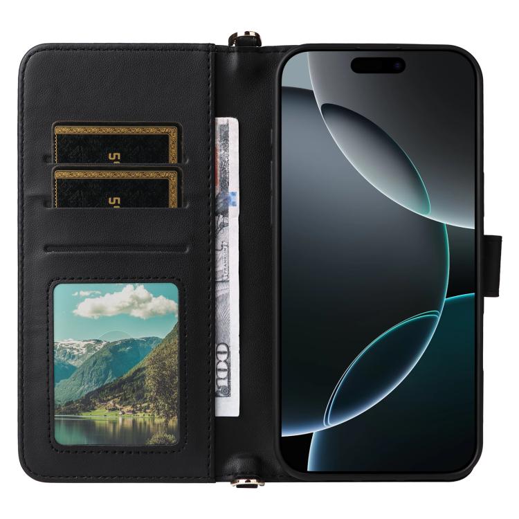 For iPhone 16 Pro Multifunctional 6-Card Slots Leather Phone Case with Wrist Strap