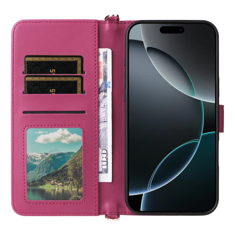For iPhone 16 Pro Multifunctional 6-Card Slots Leather Phone Case with Wrist Strap