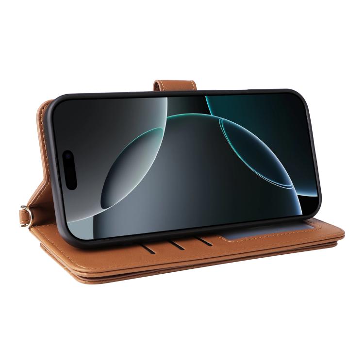 For iPhone 16 Pro Multifunctional 6-Card Slots Leather Phone Case with Wrist Strap
