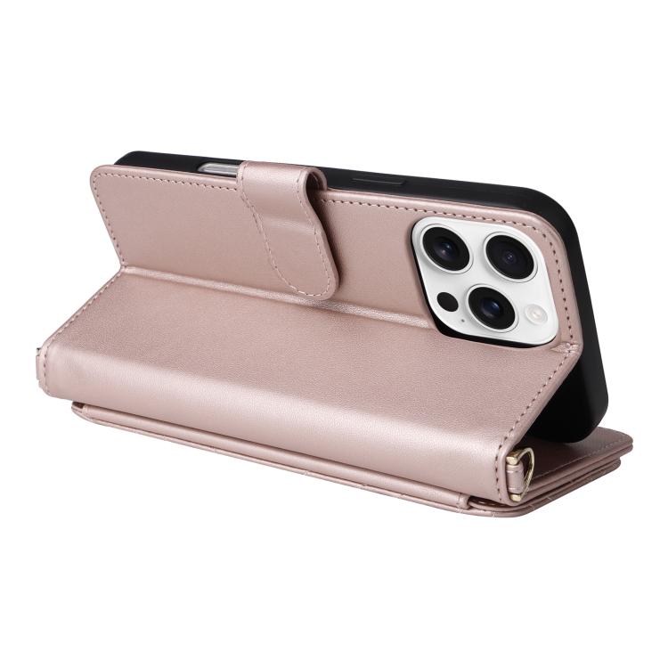 For iPhone 16 Pro Max Multifunctional 6-Card Slots Leather Phone Case with Wrist Strap