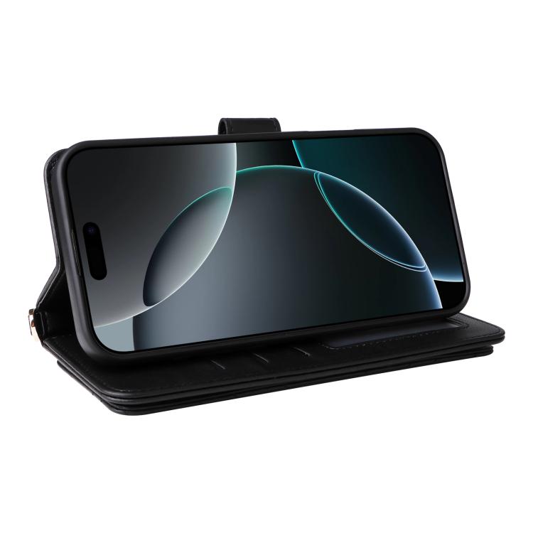 For iPhone 16 Pro Max Multifunctional 6-Card Slots Leather Phone Case with Wrist Strap
