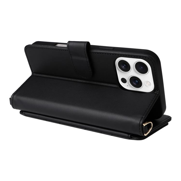 For iPhone 16 Pro Max Multifunctional 6-Card Slots Leather Phone Case with Wrist Strap