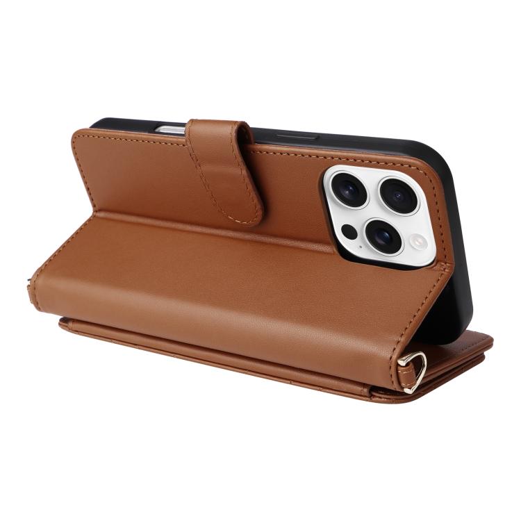 For iPhone 16 Pro Max Multifunctional 6-Card Slots Leather Phone Case with Wrist Strap